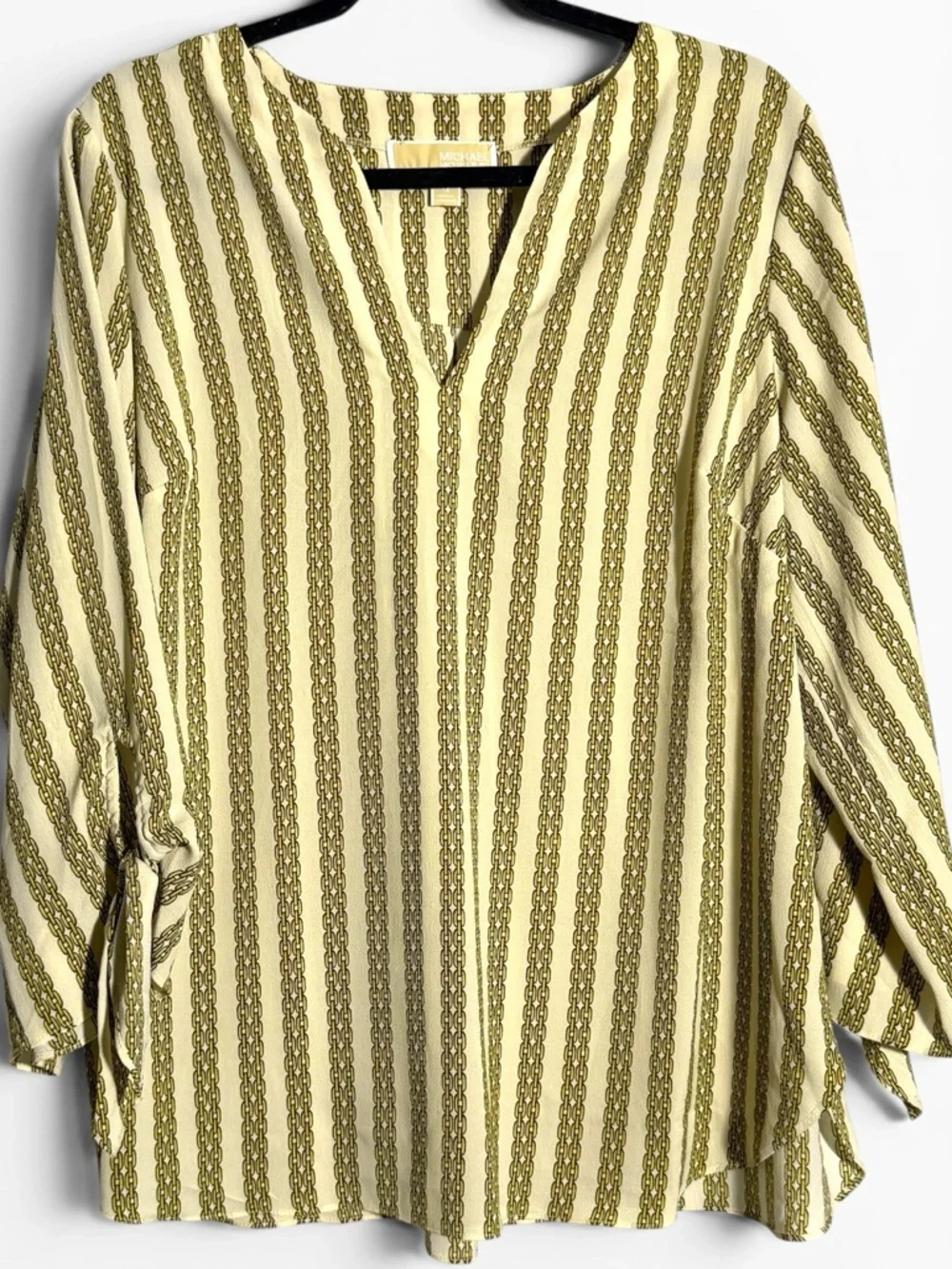 Michael Kors Chain Print Blouse 1X Gold Cream Tie Sleeve V Neck Top - Picture 3 of 9
